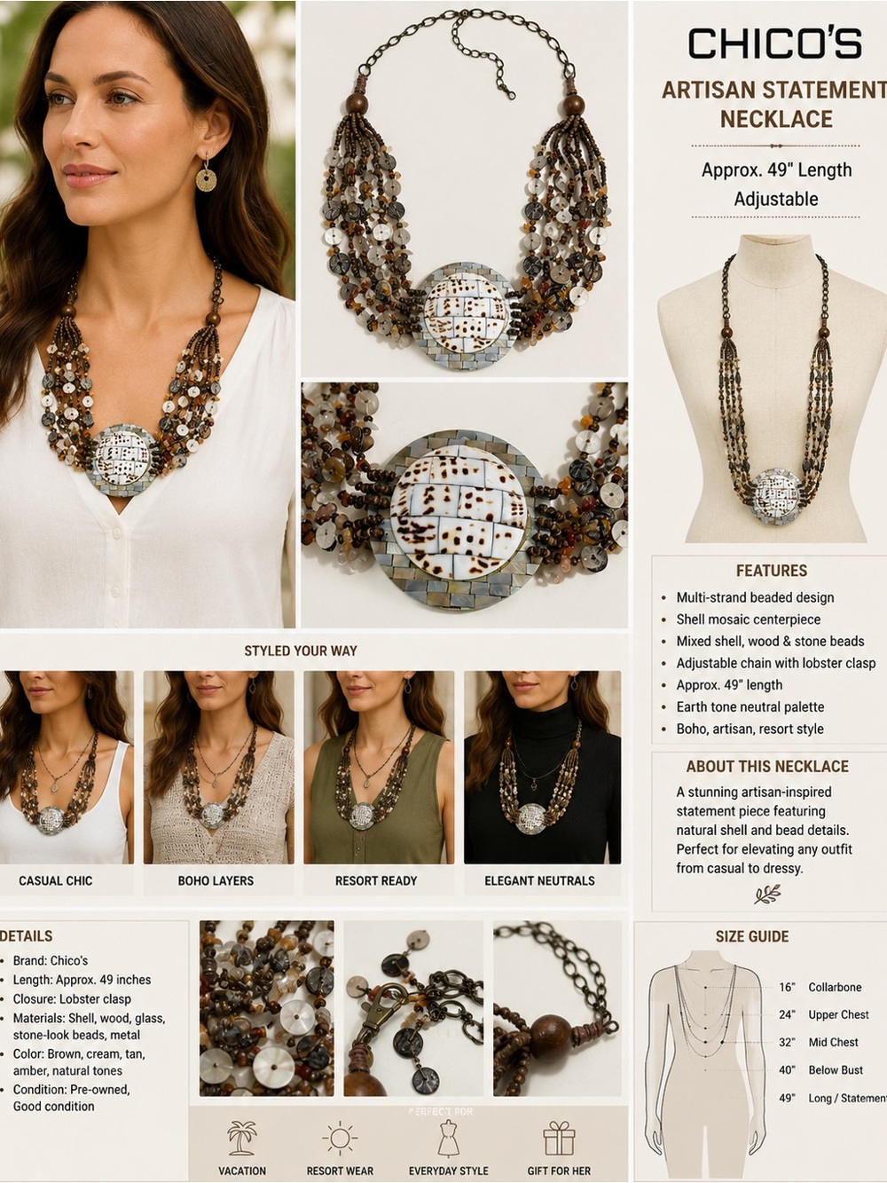 Chico's Artisan Statement Necklace Multi Strand Shell Mosaic Beaded 49"